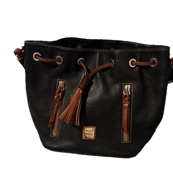Dooney & Bourke Handbags - Dooney & Bourke Black Pebbled Leather Drawstring Bucket Bag with Brown Trim